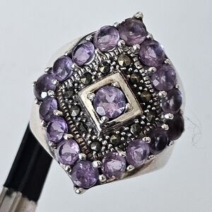 925 Sterling Large Ring. Amethyst & Marchasite. Sz. 8. Stunning Piece.